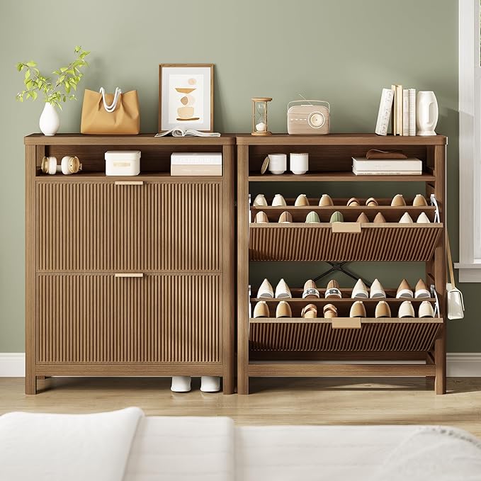 AOGLLATI Shoe Cabinet Storage,Narrow Fluted Shoe Rack Cabinet with 2 Flip Drawers, Wooden Freestanding Organizer with Open Storage Space for Entryway,Wood (Wood)