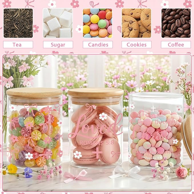 3 Pcs Pink Bow Christian Glass Storage Jars with Airtight Lids Pink Bow Candy Cookie Jars Gift Christian Bible Verse Kitchen Canister Gifts for Women Cute Coquette Religious Kitchen Containers