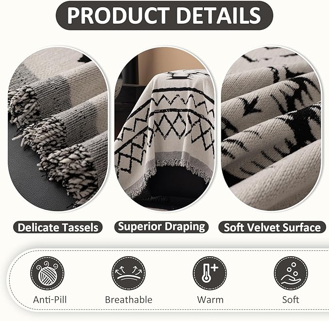 VClife Boho Aztec Couch Cover Extra Large Couch Cover for 3-4 Seat Sofa, Western White Slipcover Cover with Black Tribal Pattern, Soft Thick Chenille Furniture Sofa Covers wit Tassel, White, 71"X150"