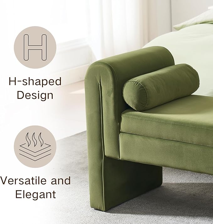 60.5" Velvet Storage Bench, Vintage Upholstered Rolled Armed Button Tufted Stool Bench for Bedroom, Living Room, Entryway, Hallway, Dressing Room (Green)