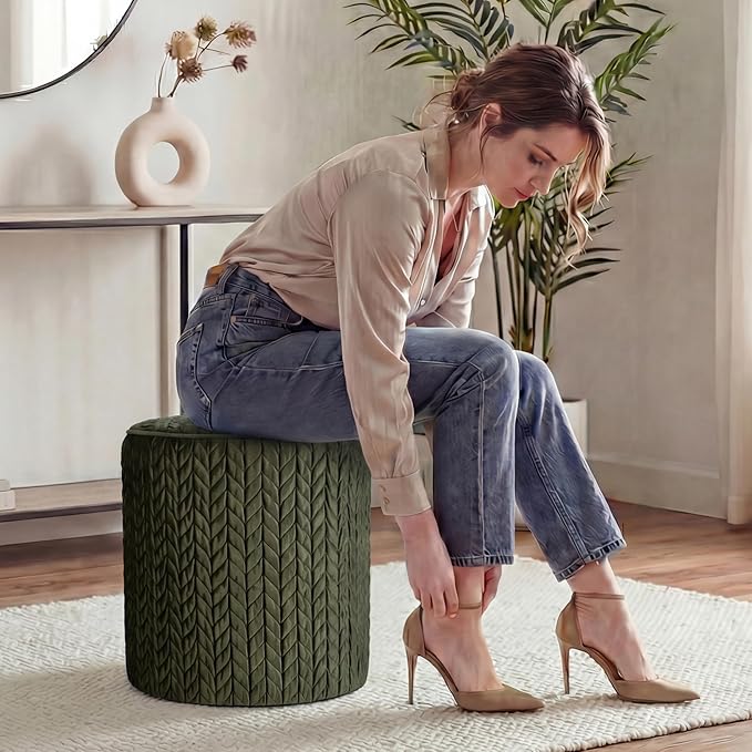 Modern Round Vanity Stools 2PCS, Small Wheat Pattern Ottomans, Cute Velvet Foot Stools, Tufted Fabric Footrest, Upholstered Vanity Chairs, Stools for Makeup, Bedroom(2, Wheat Pattern-Dark Green)