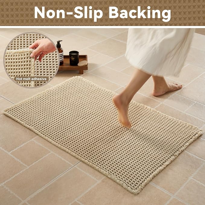 Triohero Waffle Runner Bath Mat - Long Bathroom Rugs Non Slip Washable, Ultra Soft Super Absorbent Quick Dry Boho Farmhouse Bathroom Decor, 24" x 60"', Pale Beige