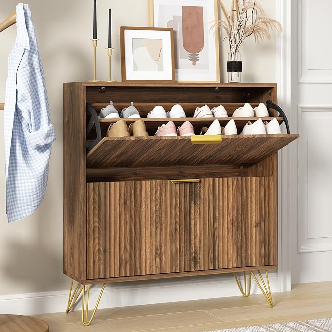 Shoe Storage Cabinet with 2 Flip Drawers, 31.5" W Fluted Shoe Cabinet for Entryway, Hidden Shoe Cabinet Storage, Narrow Free Standing Shoe Orgnaizer Rack Cabinet for Foyer Hallway, Natural
