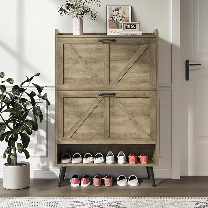 Shoe Storage Cabinet with 2 Flip Drawers, Hidden Shoe Cabinet Storage for Entryway Slim, Farmhouse Shoe Organizer Entryway with Wood Legs, Narrow Shoe Rack Cabinet, Rustic Oak