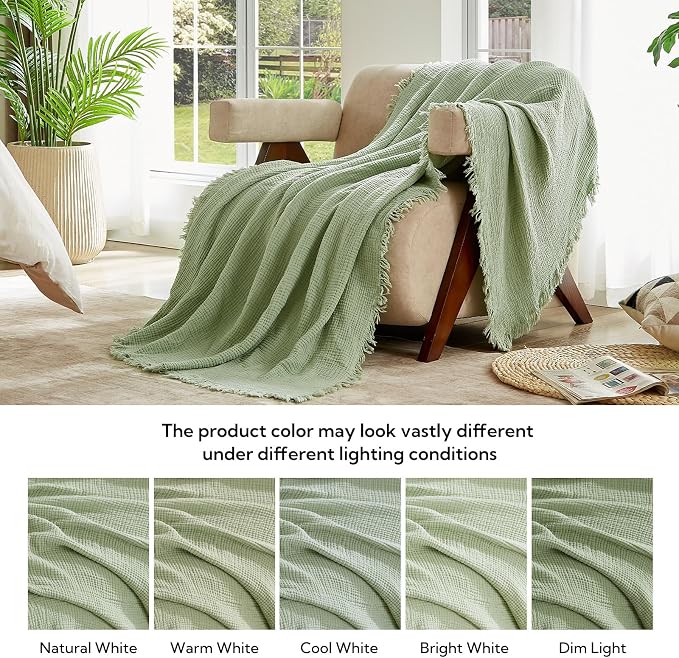 SOULFUL Muslin Throw Blanket with Tassels - Soft Full Size Cotton Throw Blanket for Couch or Bed, Lightweight and Breathable Gauze for All Seasons, Grassgreen, 66" x 90"