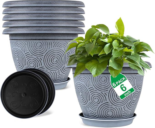 Fodetyff 6 Inch Flower Pots Planters for Indoor Outdoor Plants, 6 Pack Plastic Small Plant Pots with Drainage Hole & Tray, Modern Decorative Garden Pot with Saucer, Plant Container for House