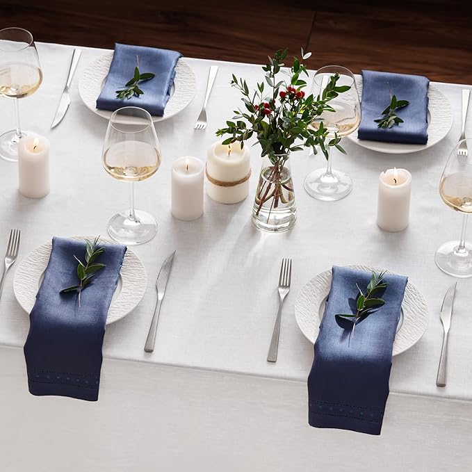Linen Napkins Set of 4-100% Pure Linen Navy Blue Dinner Napkins with Embroidered Dot 18 x 18 inch - Hemstitch Cloth Napkins Washable for Winter and Spring Decor