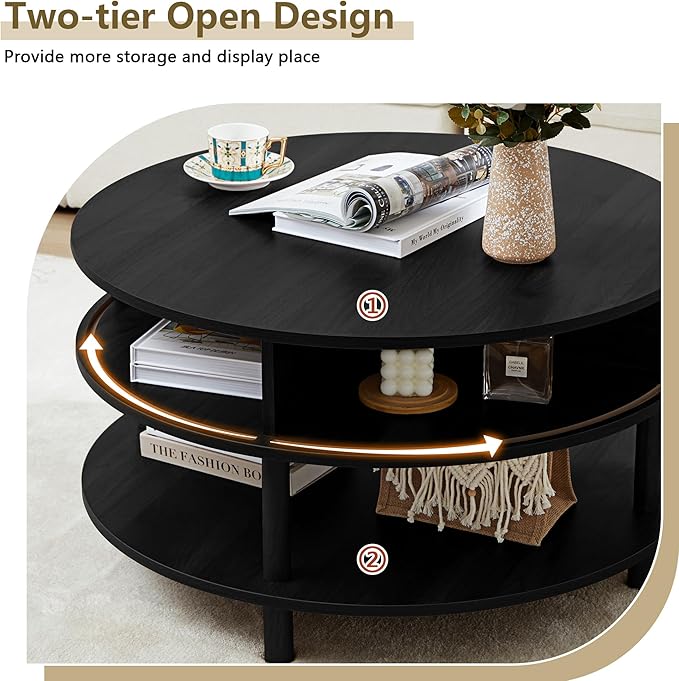 XUZENEST 31.5” Round Coffee Table with Storage, Mid Century Modern 2 Tier Coffee Table with Tambour Sliding Door, Solid Wood Legs Fluted Center Table for Living Room Home Office Small Space, Black