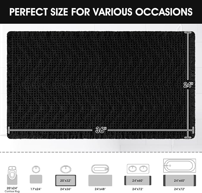 Upgraded Waffle Bath Mat, 36"x24" Black-Herringbone, Super Absorbent Non-Slip Quick Dry Bathroom Rugs with Tassels, Machine Washable Ultra Soft Boho Bath Rugs, Toilet Mats Boho Farmhouse Decor