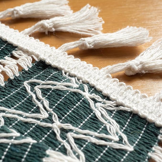 Boho Table Runner for Spring Home Decor (14x72 Inches) Long Farmhouse Rustic Table Runner, Macrame Runner with Tassels for Dining Living Room Bedroom Bridal Shower (Cream & Emerald Green) 72"