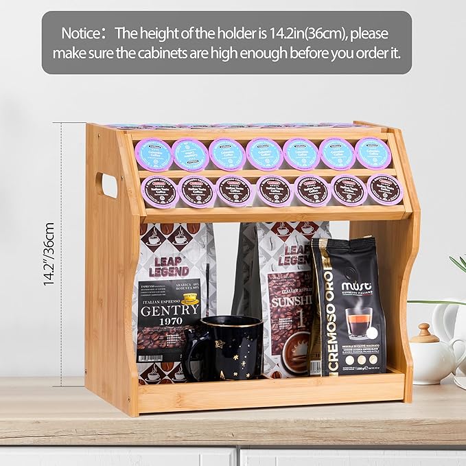 2-Tier K Cup Holder & Condiment Organizer, Bamboo Coffee Pod Organizer & Coffee Bar Accessory for Home or Office,Space-Saving Storage Rack with Handles