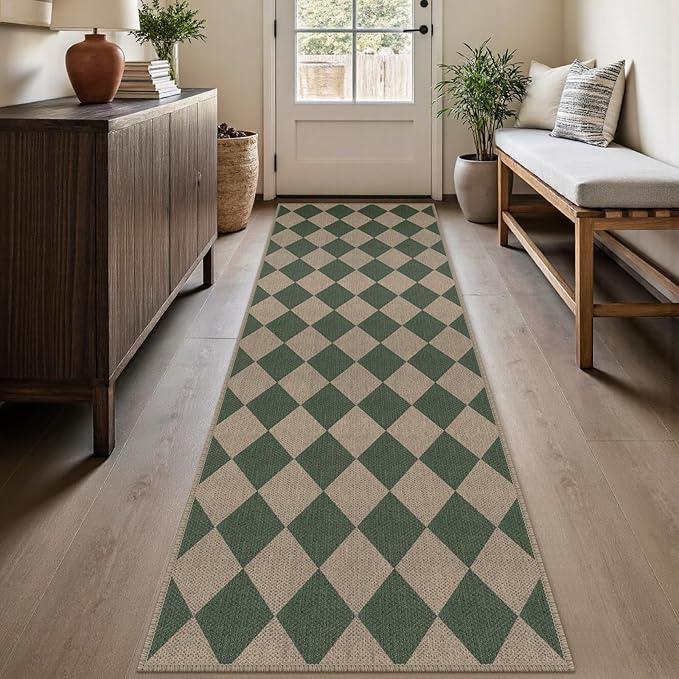 Rugalia Easy Jute Checkered Outdoor Runner Rug, 2.6x8 Green Modern Washable Rugs Runner for Hallway Non-Slip Kitchen Runner Rug, Geometric Diamond Outdoor Carpet for Porch Laundry Entryway