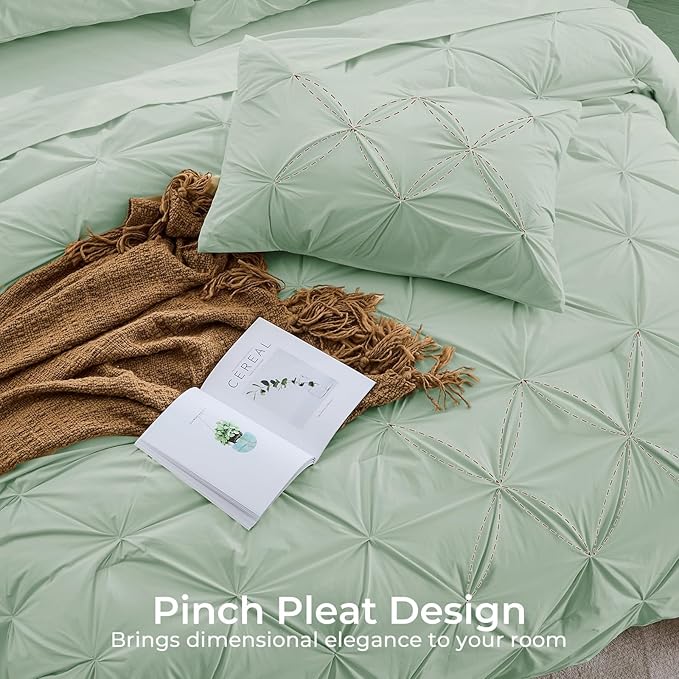 Sasttie Twin Comforter Set, 5-Piece Bed in a Bag, Pintuck Bedding Sets for All Season, Includes Comforter, Flat Sheet, Fitted Sheet, Pillowcase and Pillowsham, Light Sage Green