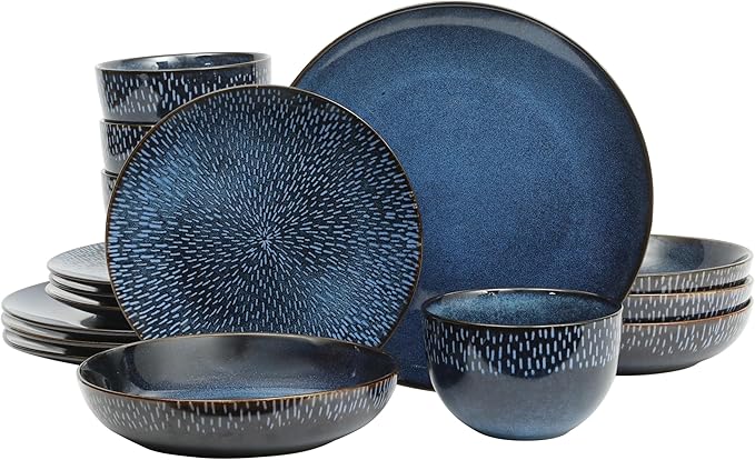 Gibson Elite Matisse 16-Piece Dinnerware Set – Double Bowl Reactive Glaze Cereamic Stoneware in Blue – Plates and Bowls Sets for 4, Microwave & Dishwasher Safe, Rustic Modern Design