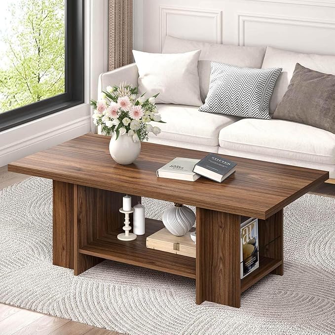 FOLUBAN Coffee Table, Modern Wood Living Room Table with Storage Bottom Shelf & Side Shelves, Rectangle Center Table Cocktail Tea Table for Home Office, Rustic Walnut, 47 Inch