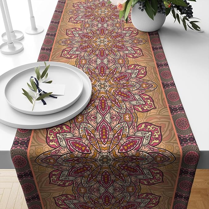 YCness Retro Mandala Table Runner Vintage Boho Table Decor Bohemian Polyester Runner for Tables Brown Farmhouse Spring Decor for Kitchen Dining Tables Runner 13x36 Inch