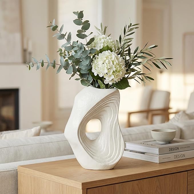 Sunddo Donut Vase - White Ceramic Vase for Home Decor - 11 Inch Modern Boho Vases for Pampas Grass, Entryway, Wedding, Fireplace, Kitchen Counter Decor