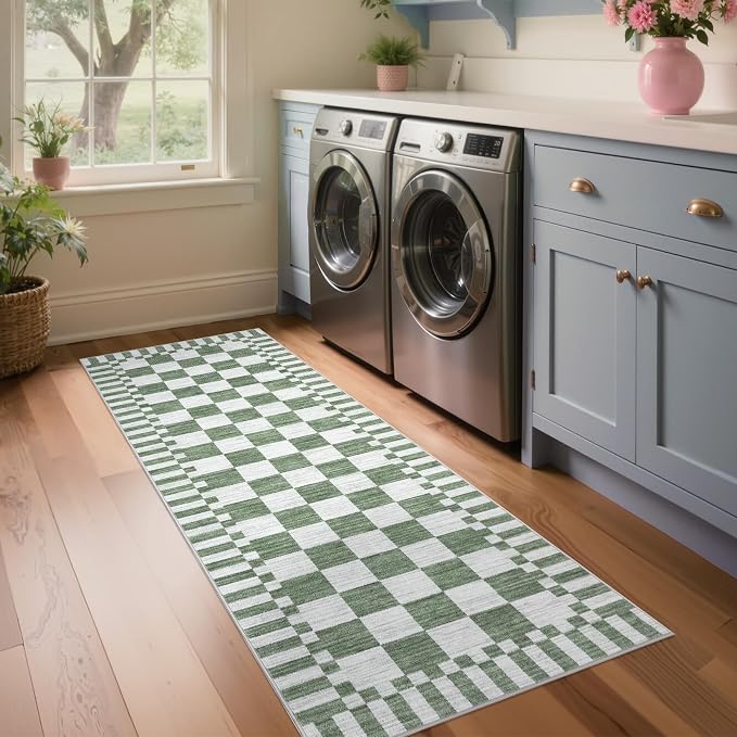 GarveeHome 2.5×10 Kitchen Runner Rug Non Slip,Sage Green Checkered Rug,Washable Runner Rug for Hallway Soft Low-Pile Geometric Checkerboard Rugs for Entryway Kitchen Dining Room