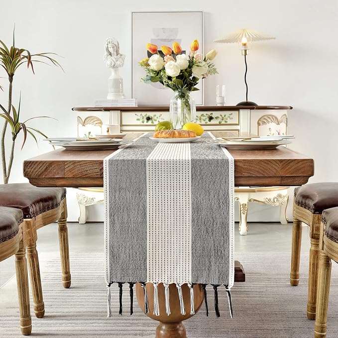 Wracra Linen Table Runner, Farmhouse Macrame Table Runners 36 Inches Long for Dining Table Decor, Wedding, Party and Dresser Decor (Black,36")