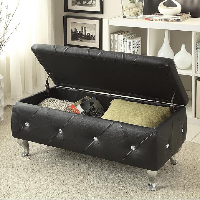 AC Pacific Glam 38 Inches Storage Ottoman Bench for Entryway, Hallway, Living Room, and Bedroom, Upholstered Tufted Faux Leather Ottoman with Storage, Foot Rest and Organizer, Midnight