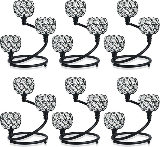 Metal Crystal Candle Holder Set of 3 - Elegant 5-Arm Metal Tea Light Centerpiece with Shining Crystal Bowl, Wedding Anniversary Table Decor for Dining, Party (Black, 6 Pcs 3 Arm)