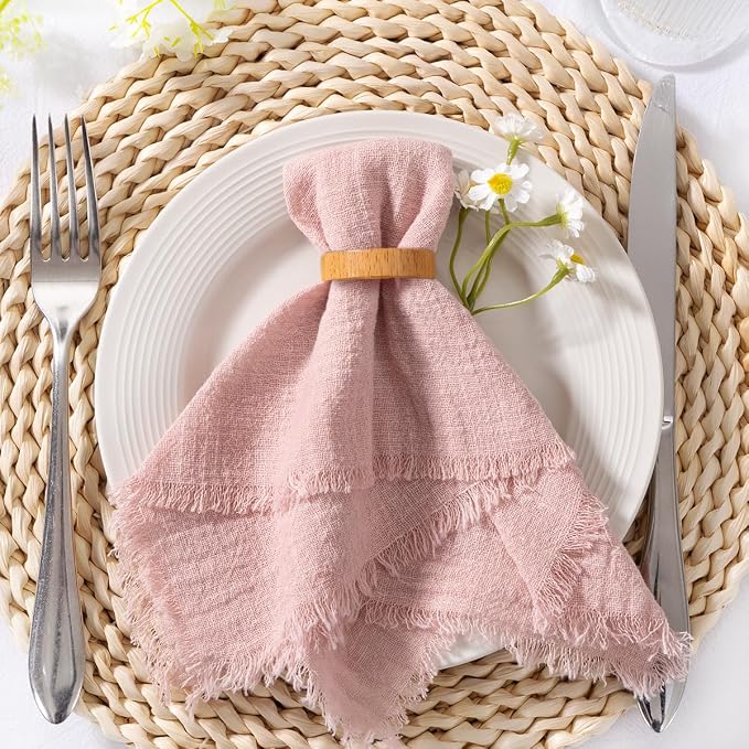 MLMC 10 Pack Dusty Pink Cloth Napkins with Fringe Boho Linen Napkins Washable Reusable Rustic Dinner Table Decor 17"×17" for Wedding Party Bridal Baby Shower Home Decor