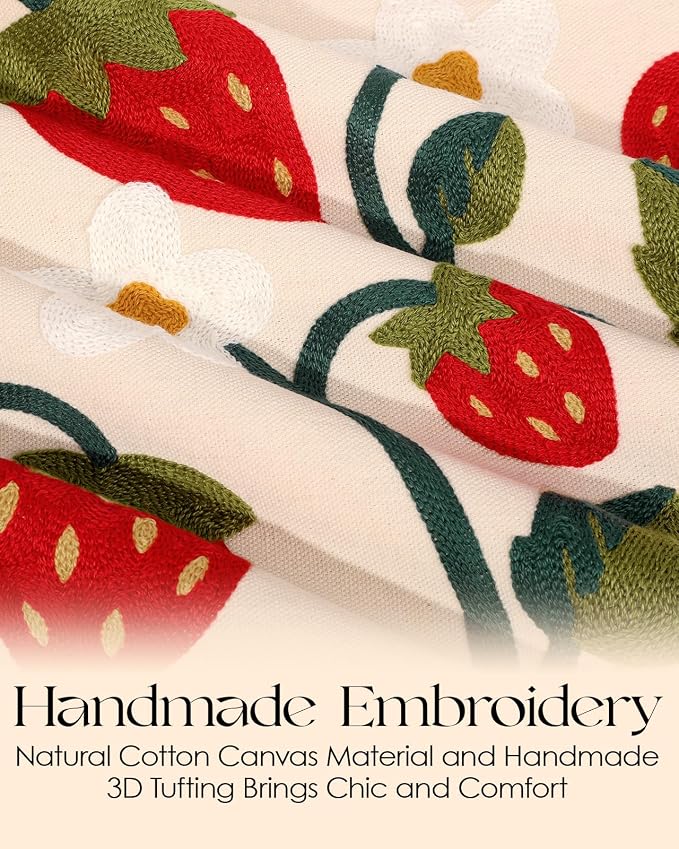 Canvas Embroidered Table Runner - 13"x 72" Coffee Table Runner for Living Room Boho Narrow Tablerunner for Dining Room Washable Cute Kitchen Island Counter Decor Housewarming Gift, Strawberry