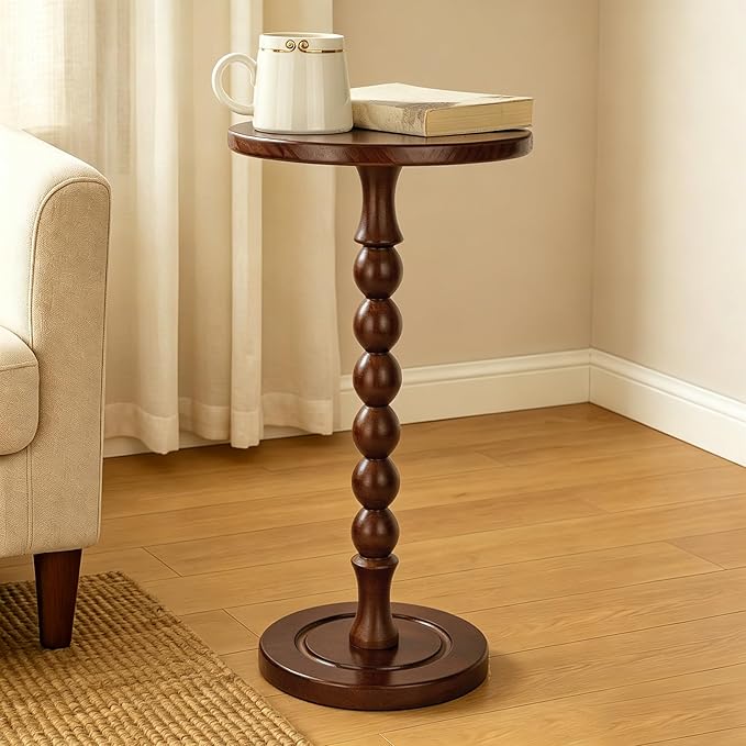 Round Side Table for Small Spaces, Drink Table with Oak Wood Pedestal, Modern End Table Nightstand for Living Room, Bedroom, Office, and Corners, Tool-Free Assembly, Brown