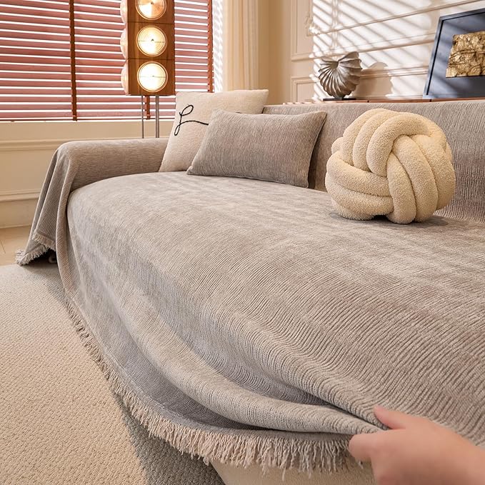 DREAMINGO Chenille Sofa Cover Washable Pet Couch Protector Cover Textured Couch Cover Blanket for Living Room Modern Minimalist 2-Seater Sofa Slipcover, Light Grey, Large 71"x118"