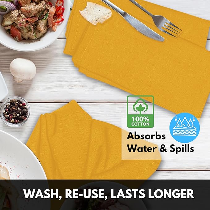 Cloth Napkins 100% Cotton 17x 17 Inches Table Napkin for Dining, Lunch, Holiday Parties & Cocktail, Decorative Washable Napkins - Mustard Yellow (Set of 4)