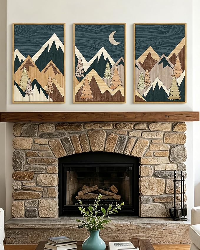 KUVIOKE Woodcut Pine Tree Forest Mountains Framed Wall Art Nature Landscape Prints Morden Farmhouse Bedroom Hallway Ready to Hang 16x24in (Natural Framed)