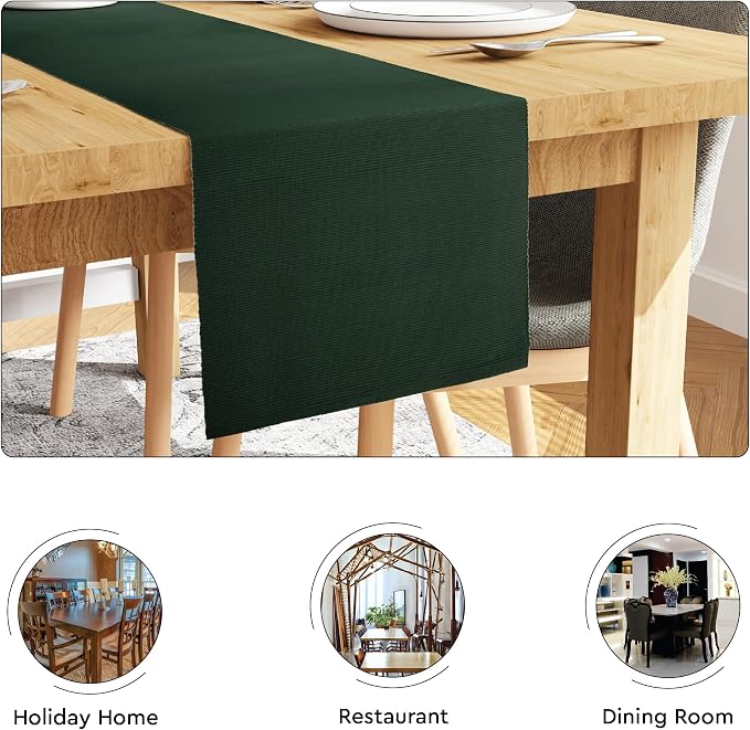 Encasa XO Dining Table Runner 13"x59" | Yarn Dyed Fine Ribbed Cotton | Dark Green | Machine Washable