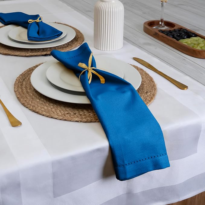 Blue Needles Set of 12 Hemstitch Linen Napkins 100% Cotton Royal Blue Cloth Dinner Napkins 18x18 inches, Soft, Reusable, Absorbent, Washable, Ideal for Spring Summer Easter Parties & Everyday Use