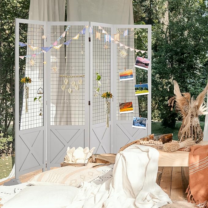 VINGLI Room Divider Freestanding Gridwall, 4 Panel Folding Display Board Organizer with Base Feet, Decorative Wooden Frame Wire Grid Screens for Craft Shows Events Retail (White, 5.5'×6')