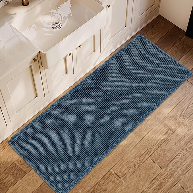 ZALL Blue Waffle Bath Mat,Super Absorbent Non Slip Bathroom Rug, 24x72inch, Machine Washable Ultra Soft Floor Mats