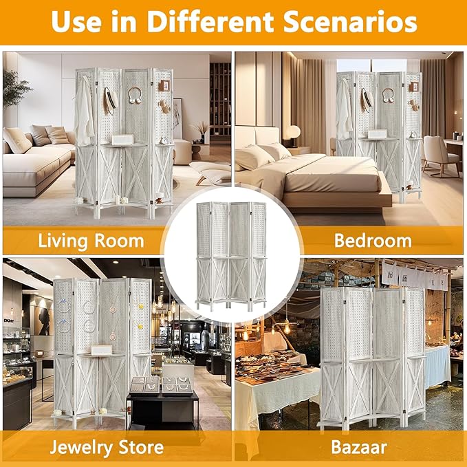 4 Panel Pegboard Display with 16 Hooks, Wooden Pegboard Room Divider Wall with Shelf, Partition Room Dividers and Folding Privacy Screens, Bedroom, Jewelry Store, White
