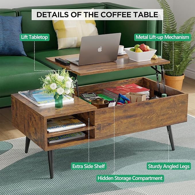PayLessHere 39" Lift Top Coffee Table with Adjustable Storage and Hidden Compartment Small Wood Coffee Table Center Table for Home Living Room Office Apartment Reception Room,Brown