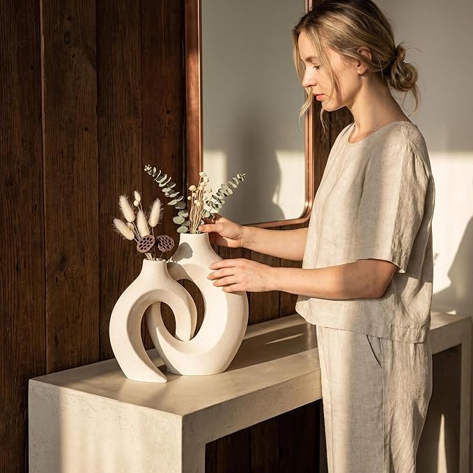 Snuggle Hollow Ceramic Donut Vase Set of 2 for Coffee Table Decor, Decorative Vases for Boho Modern Table Centerpieces Home Living Room Entryway Table Shelves Decoration, Beige, 6.3" W x 8.4" H