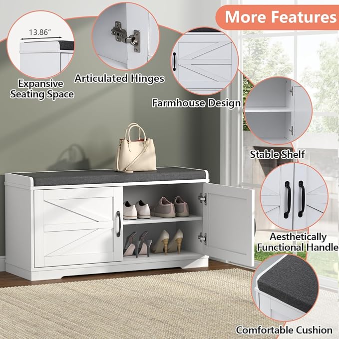 Loomie Shoe Storage Bench, 2-Tier Farmhouse Entryway Bench with Padded Seat Cushion, 13.78" D x 39.37" W x 19.69" H, Slim Shoe Cabinet Bench for Entryway, Living Room, Bedroom (White)