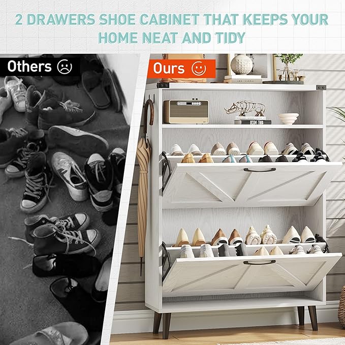 Vabches Shoe Storage Cabinet with 2 Flip Drawers,Freestanding Narrow Shoe Organizer with Open Storage,Hidden Slim Organizer Rack for Entryway,Hallway,White