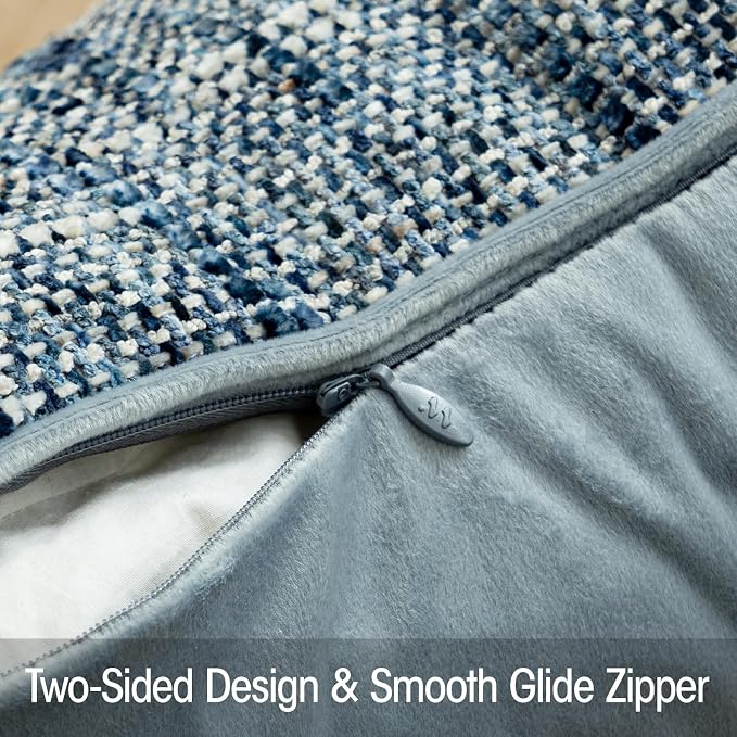 a moment Light Blue Reversible Pillow Covers 2 Pack - Farmhouse Chenille Velvet Throw Pillows, Neutral Textured Decorative Throw Pillow Covers with Border for Couch Sofa Bed (22x22 Inch, No Insert)