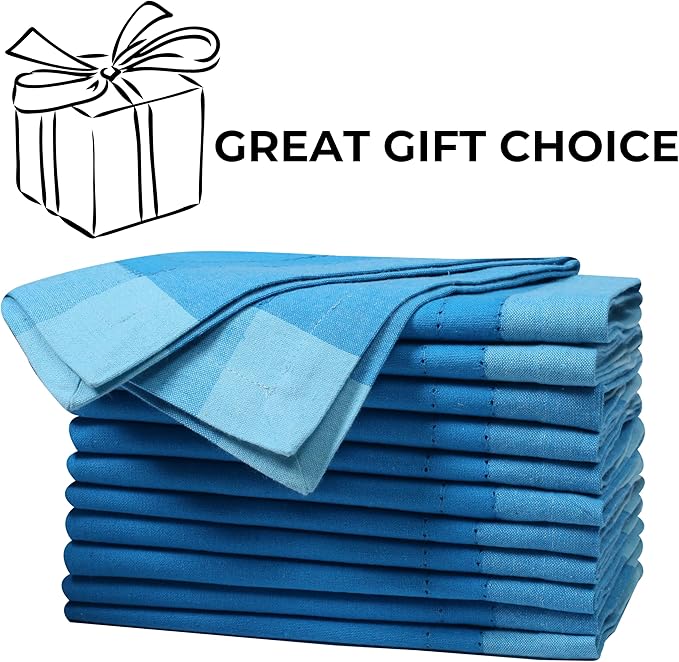 Bedding Craft Cotton Cloth Napkins Set of 12 – 20x20 Teal Blue Multi Double Hemstitched – Machine Washable Dinner Napkins for Weddings, Parties & Father’s Day Celebrations