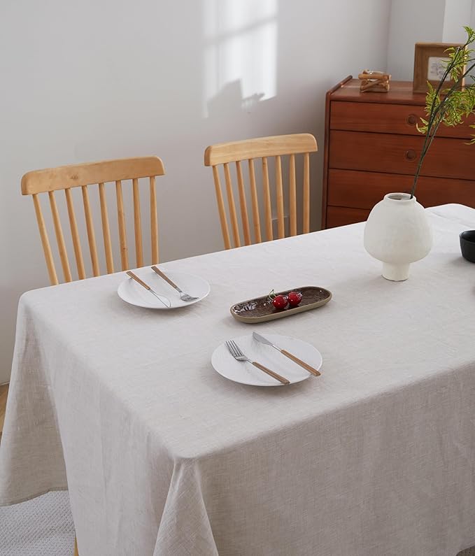 100% French Flax Linen Tablecloths Rectangle 84Lx60W Inch for Dinners, Parties, Easter, Halloween, Camping, Stone Washed, Textured, Machine Washable, 6-8 Sets (60''x84'', Natural Linen)
