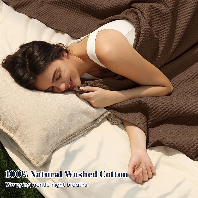 PHF Pre-Washed 100% Cotton Waffle Weave Blanket Twin Size for Bed,Snag Proof Throw Blanket for Couch Spring Summer Lightweight Breathable,Machine Washable, Home Decor Gift - Cappuccino
