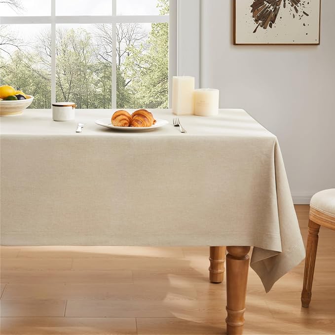 ZeeMart Basic Linen Textured Table Cloth, 60 x 120 Inch Raw Linen, Farmhouse Style Light Beige Rectangle Tablecloth, Wrinkle Resistant Washable Heavy Weight TableCloths