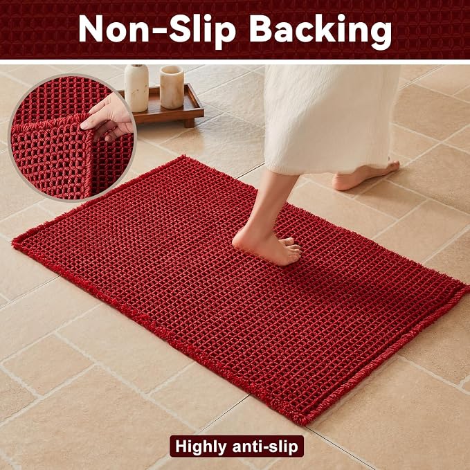 Triohero Waffle Runner Bath Mat - Long Bathroom Rugs Non Slip Washable, Ultra Soft Super Absorbent Quick Dry Boho Farmhouse Bathroom Decor, 24" x 72", Burgundy