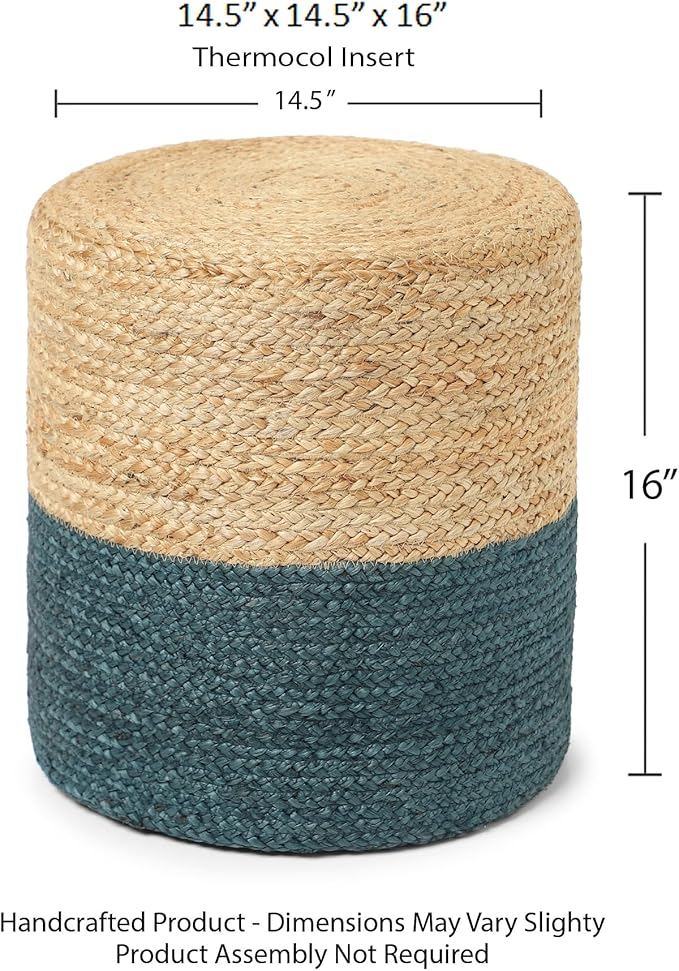 REDEARTH · Cylindrical Pouf Foot Stool Ottoman - Jute Braided Pouffe Poof Accent Sitting Footrest for Living Room, Bedroom, Nursery, Patio, Lounge (Natural Teal, 14.5"X14.5"X16")