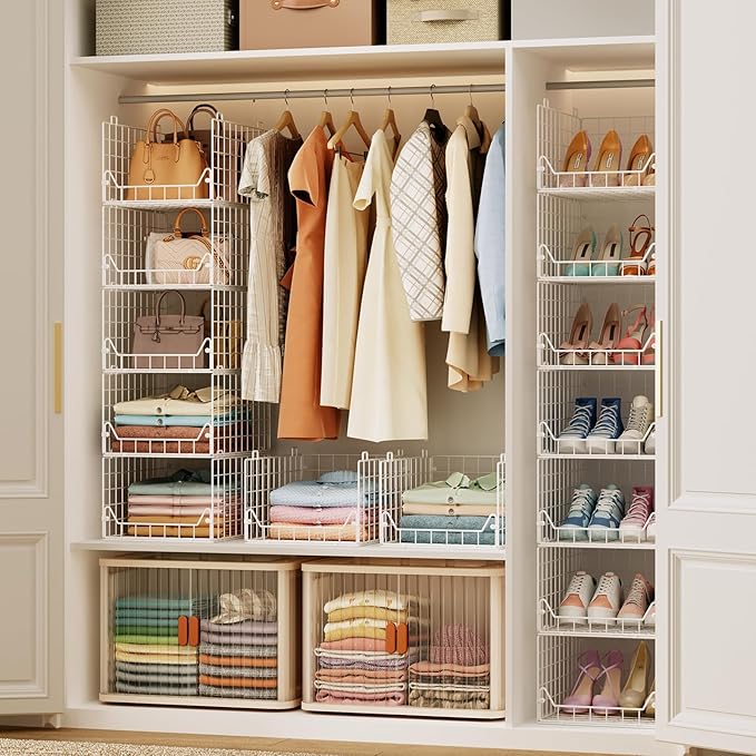 Jakyitvi 6-Tier Closet Shelf Organizer,Metal Stackable Closet Organizers and Storage,Clothes Storage Bins,Shelf Organizer Basket,Folded Shelf Organizer for Closet Wardrobe,White