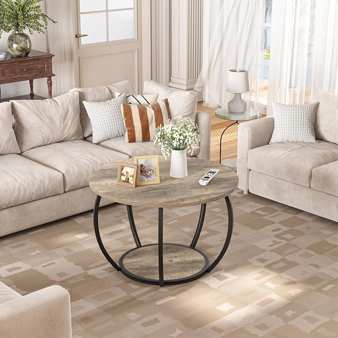 GreenForest Round Coffee Table with 2-Tier Open Storage, 27.6 inch Small Circle Coffee Tables with Adjustable Feet, Modern Mini Center Table for Small Living Room, Grey Wash