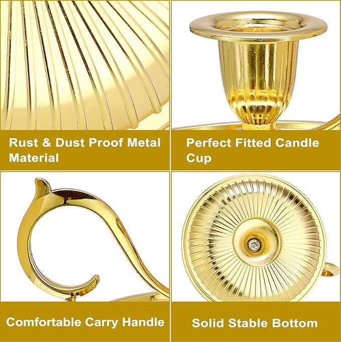 OwnMy 1 Vintage Candlestick Holder Decor, Antique Brass Taper Candle Holder with Carry Handle and Candle Drip Catcher Tray, Eleagnt Taper Candle Stand for Wedding Dining Table Centerpiece, Gold